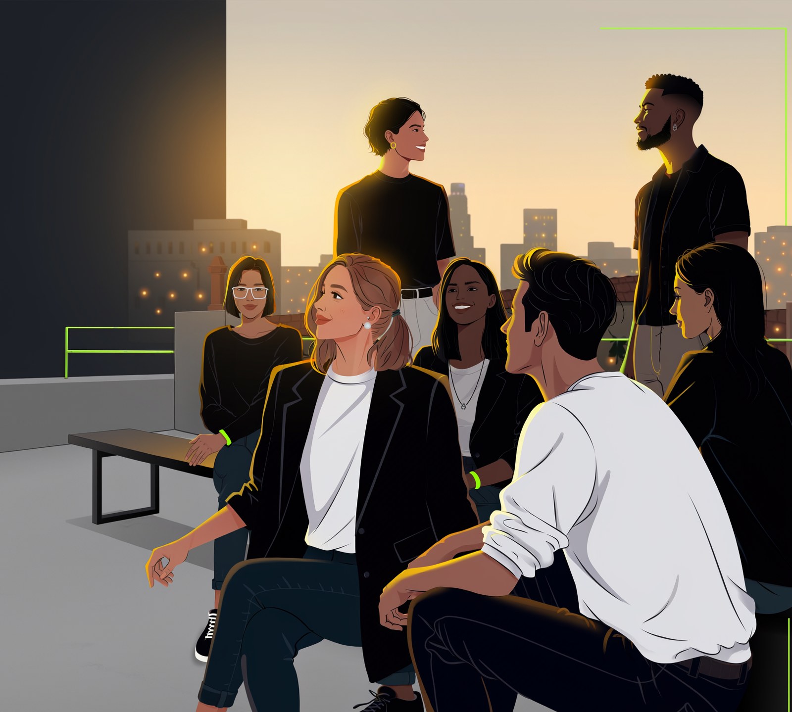 BRUH illustration of a diverse group of adults of all genders talking together on a Los Angeles rooftop at sunset, with the downtown skyline behind them.