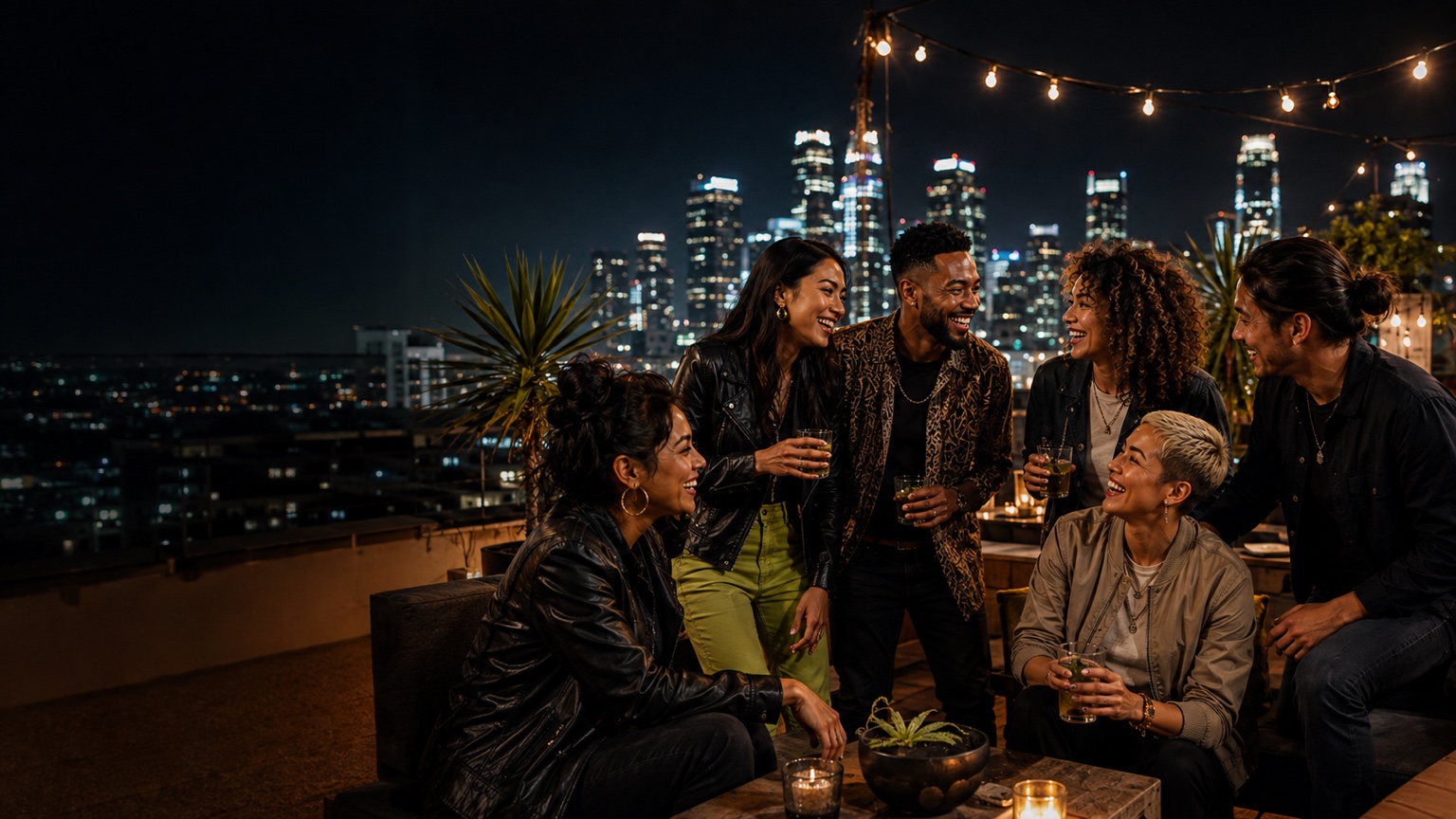 A diverse group of adult friends socializing on a Los Angeles rooftop at night.