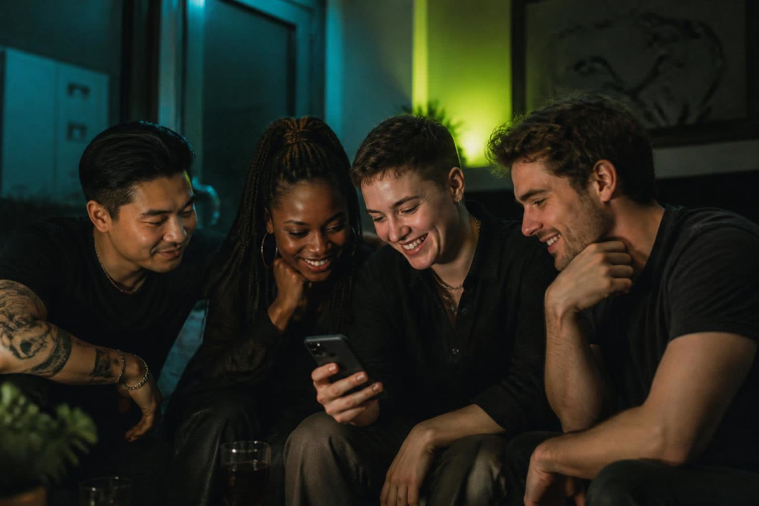 Four adult friends smiling together around a phone in a Los Angeles living room