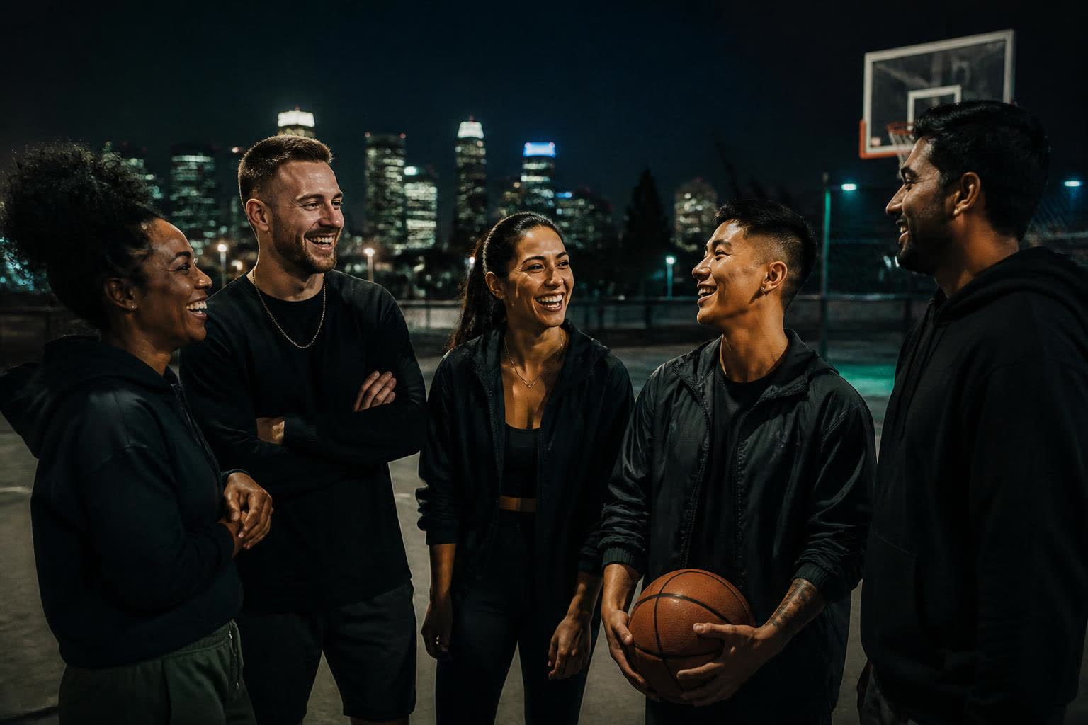 An inclusive group of adult friends greeting each other on a Los Angeles basketball court