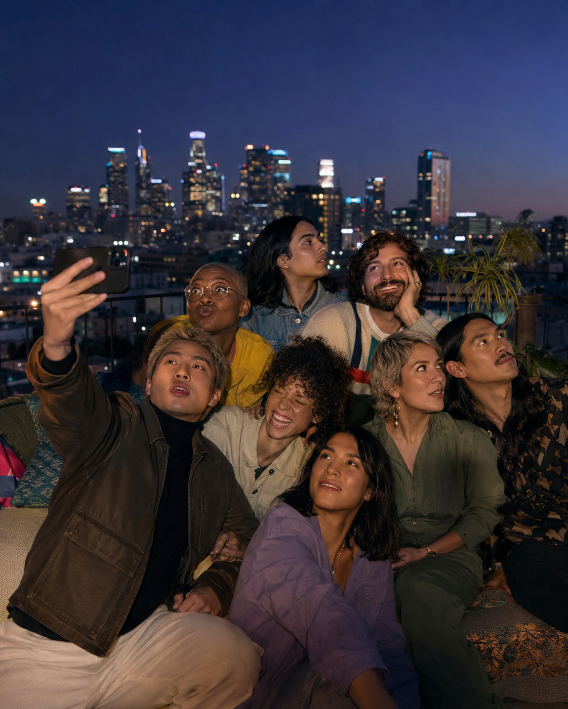 A diverse group of adult friends laughing together on a Los Angeles rooftop at night