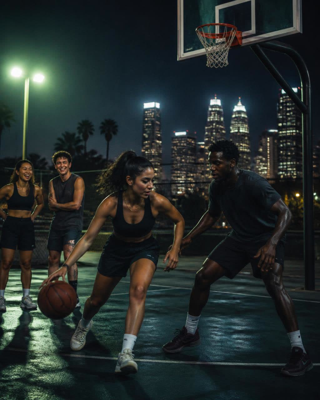 A woman drives past a defender during a night pickup basketball game while teammates watch