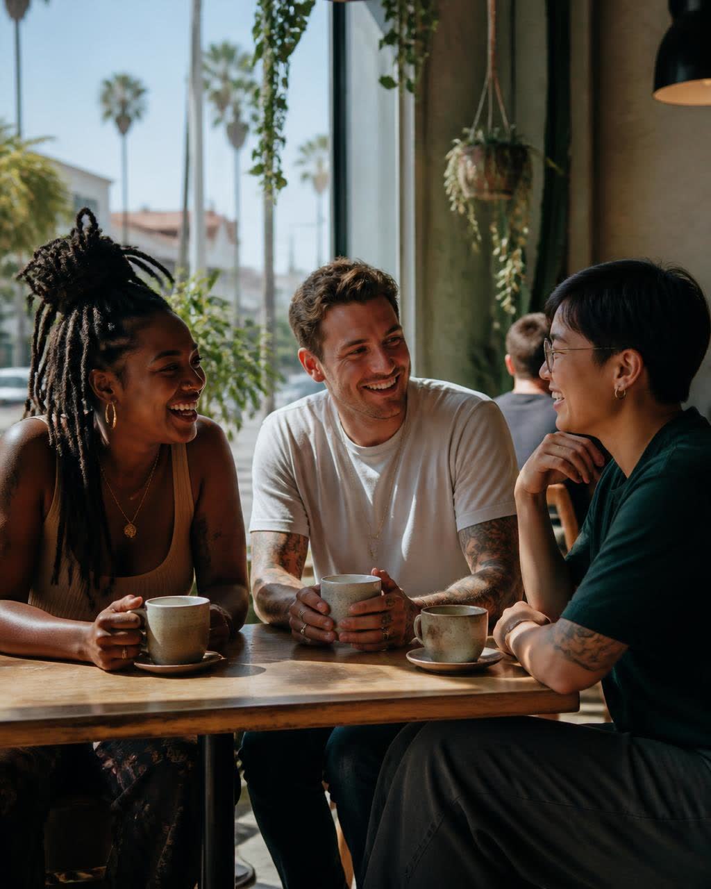 Three adult friends of different genders laughing over coffee at a sunlit cafe