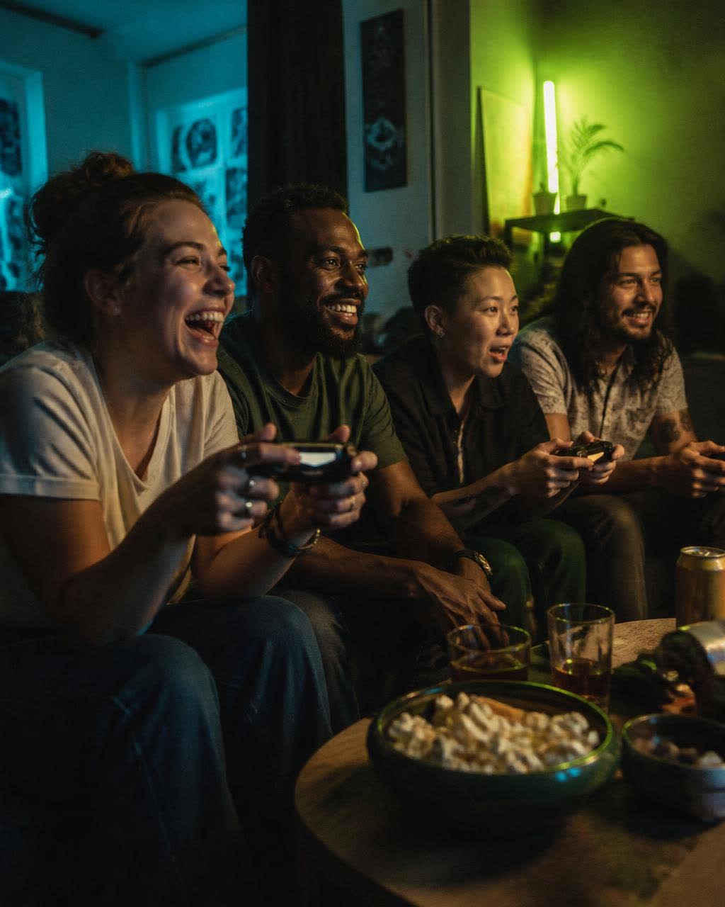 Four adult friends of different genders laughing while playing console games in a neon-lit apartment