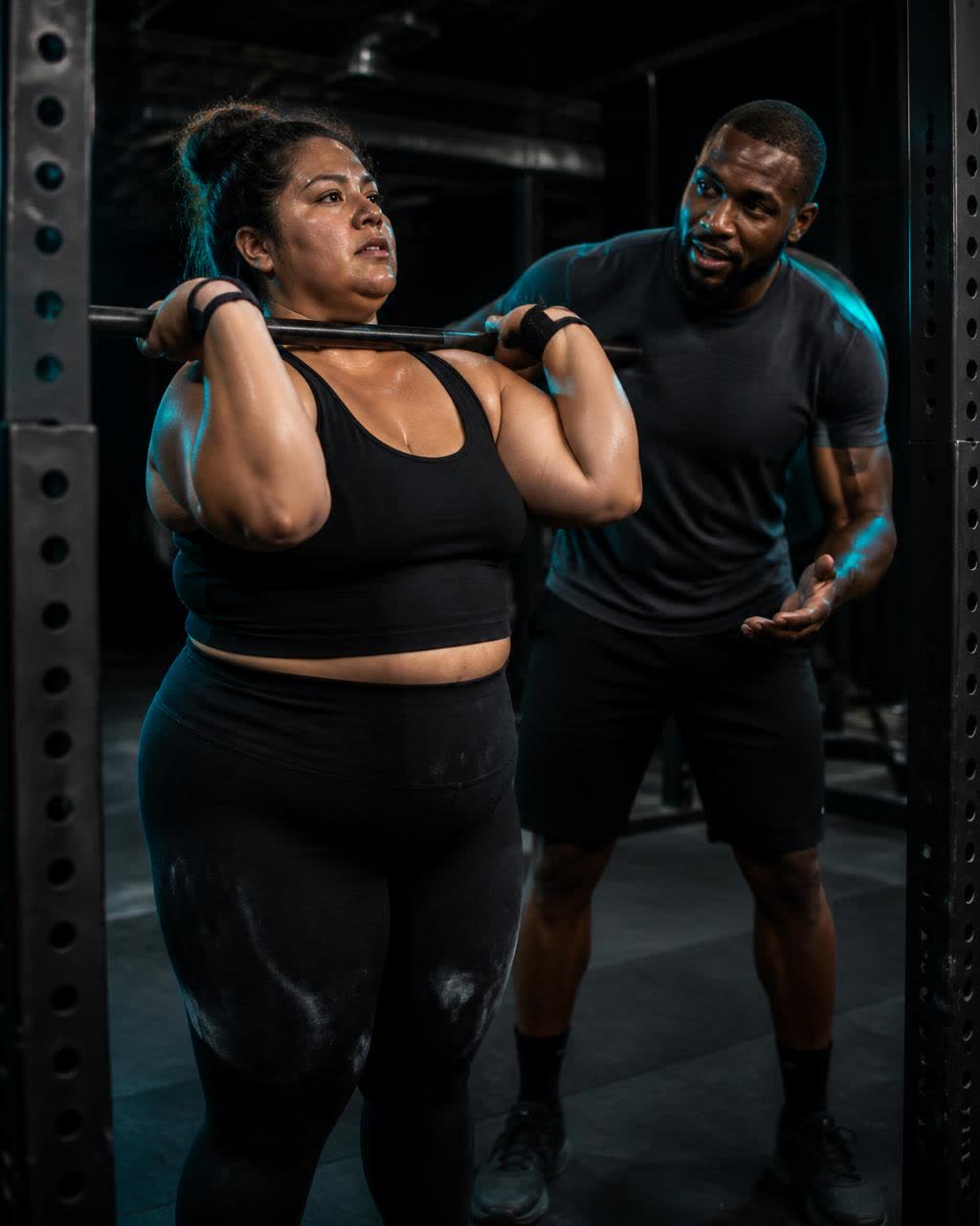A woman finishing a barbell set while her training partner spots her in a dark gym