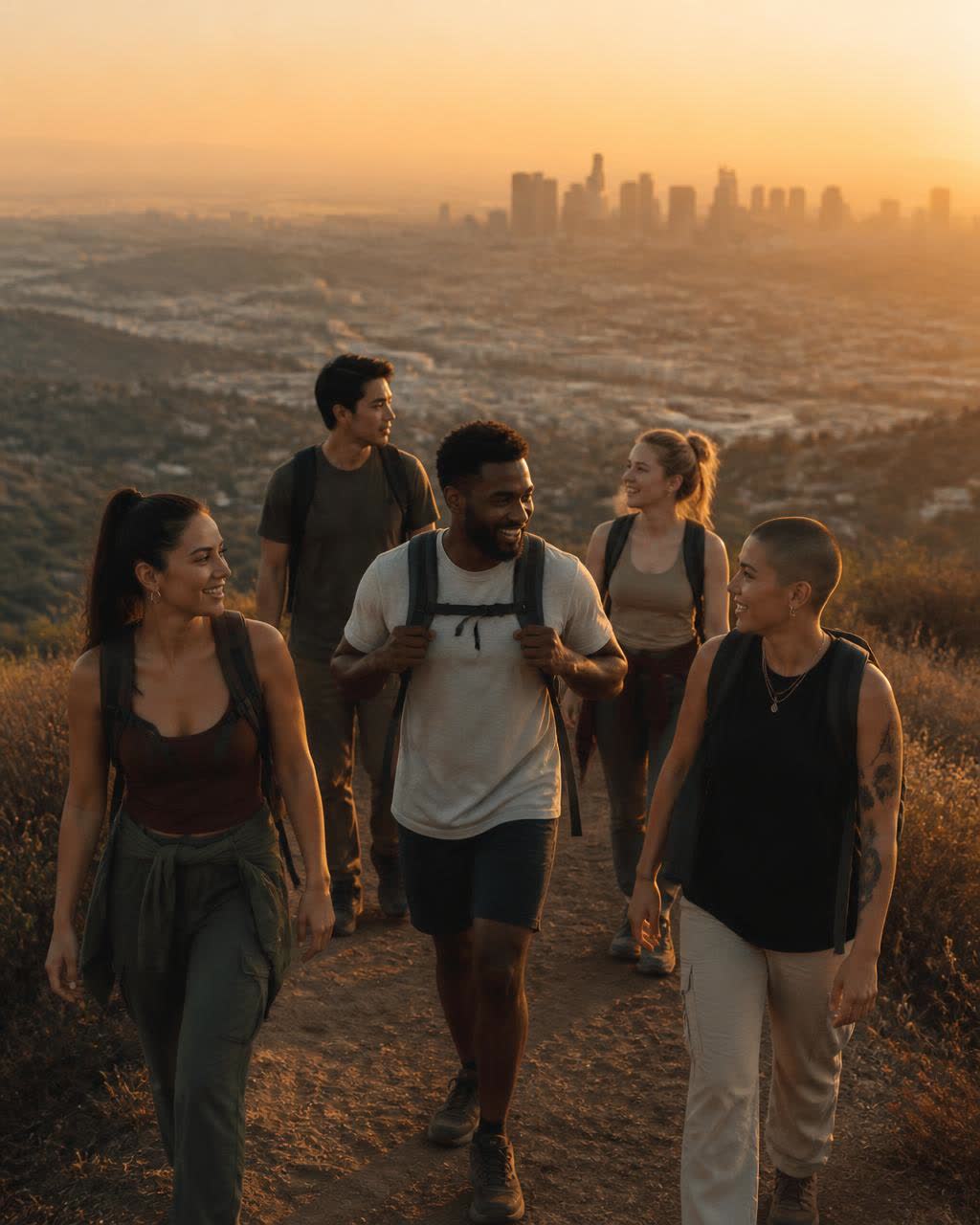 A mixed group of five adult friends hiking a ridge trail at golden hour