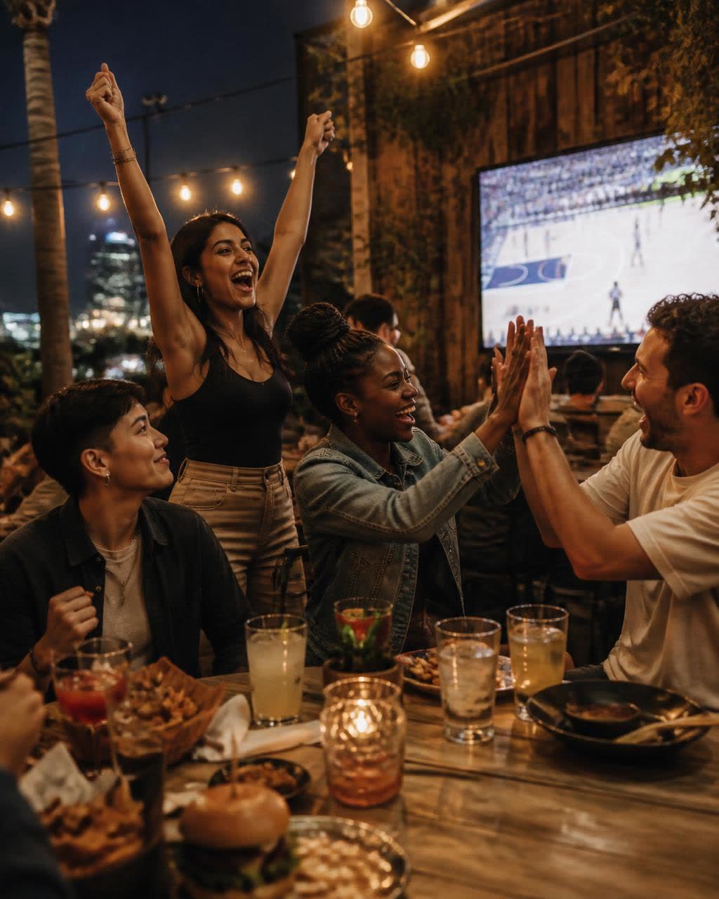 A group of adult friends cheering while watching a game on a string-lit Los Angeles patio