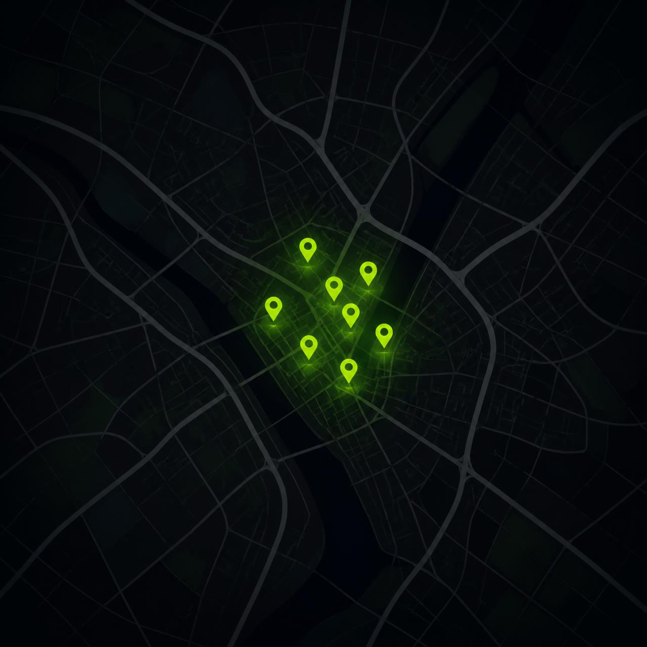 A city map view showing approximate neighborhood-level event pins